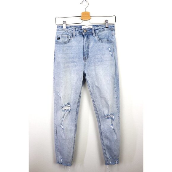 Kancan Distressed‎ High Waist Mom Jeans Skinny Leg Raw Hem Light Wash Blue 26 - Picture 1 of 12